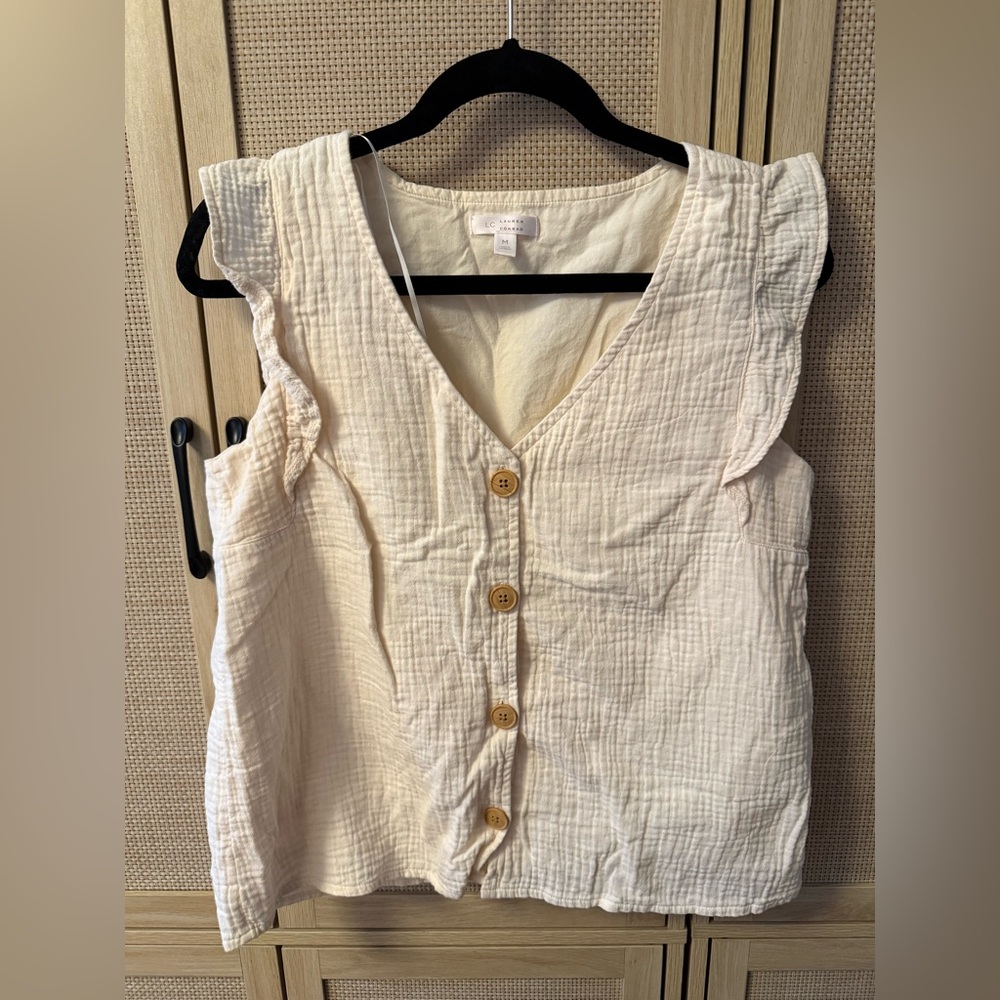 LC Lauren Conrad Cream Sleeveless Searsucker Linen Blouse